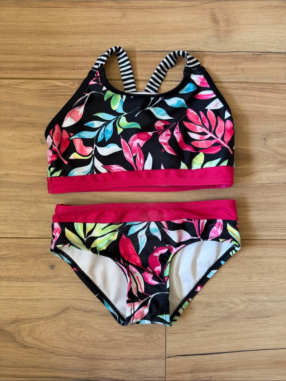 Collection B Black Floral Two-Piece Bikini with Hot Pink Trim